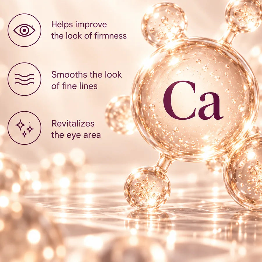 Calcium molecule beside three benefits: helps improve the look of firmness, smooths the look of fine lines, revitalizes the eye area