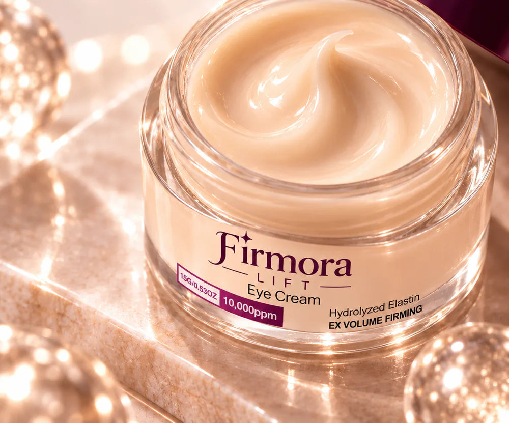 Close-up of the open Firmora Lift jar with whipped cream texture